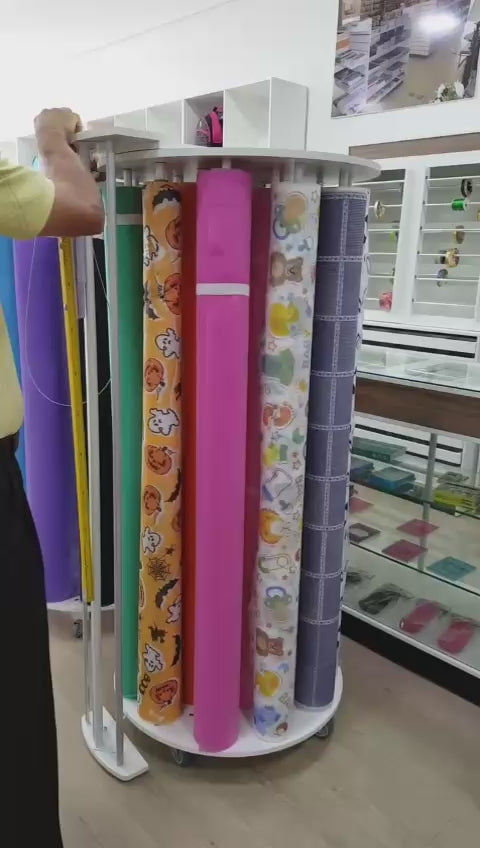 Expositor para 16 rolos com Sistema de Corte e Medida